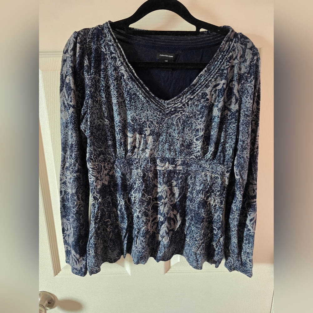 Calvin Klein Jeans Navy Blue and Light Gray Patterned Long Sleeve Blouse Large